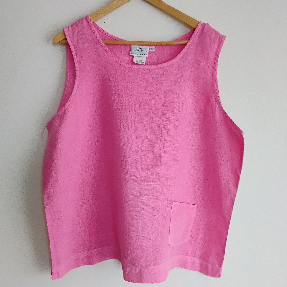 Vintage Hot Cotton Candy Pink Linen Tank Top Marc Ware Lagenlook Preppy Coastal